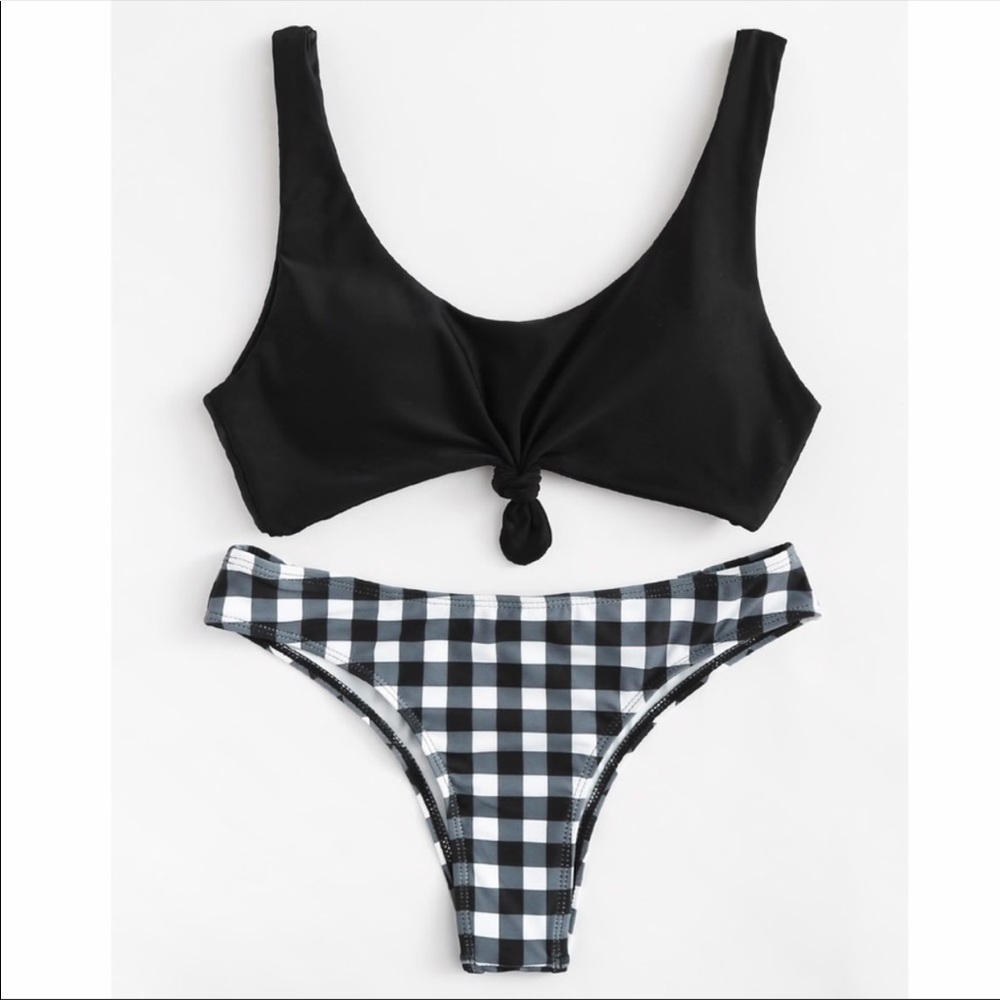 ✂️ NEW Tie Crop Tank Cheeky Gingham Bottoms Black - Picture 3 of 4